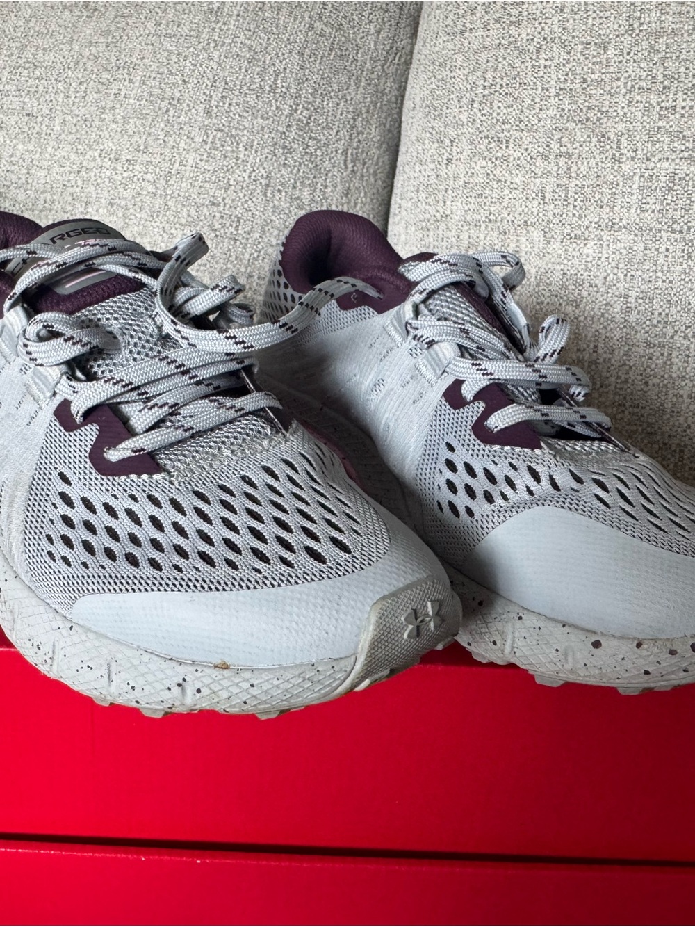 Under Armour Women's Light Gray and Burgundy Athletic Running Shoes
